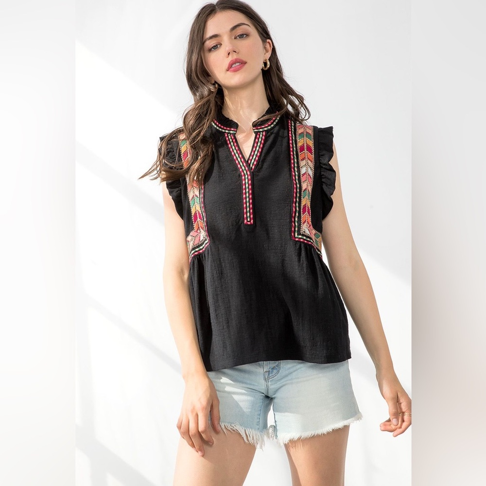 THML ELIZABETH EMBROIDERED BLACK V-NECK TOP WOMEN’S LARGE - Picture 1 of 10